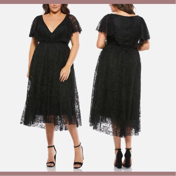 NWT Mac Duggal‎ [ 22W ] Lace Short Sleeve V-Neck Cocktail Midi Dress Black - Picture 2 of 15